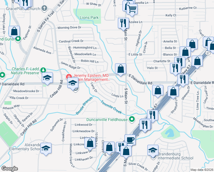 map of restaurants, bars, coffee shops, grocery stores, and more near 1506 Shamrock Drive in Duncanville