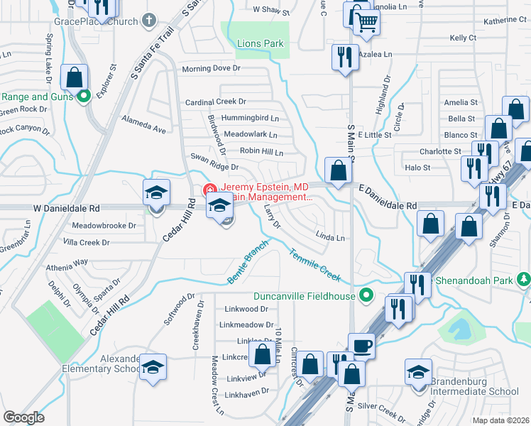 map of restaurants, bars, coffee shops, grocery stores, and more near 290 Larry Drive in Duncanville