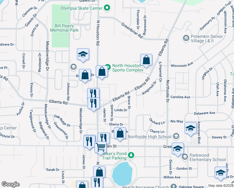 map of restaurants, bars, coffee shops, grocery stores, and more near 1259 Elberta Road in Warner Robins