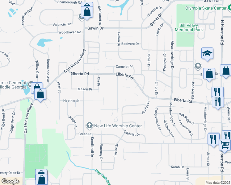 map of restaurants, bars, coffee shops, grocery stores, and more near 813 East Side Drive in Warner Robins