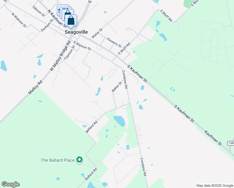 map of restaurants, bars, coffee shops, grocery stores, and more near 423 Baker St in Seagoville