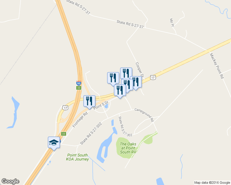 map of restaurants, bars, coffee shops, grocery stores, and more near Kings Highway in Yemassee