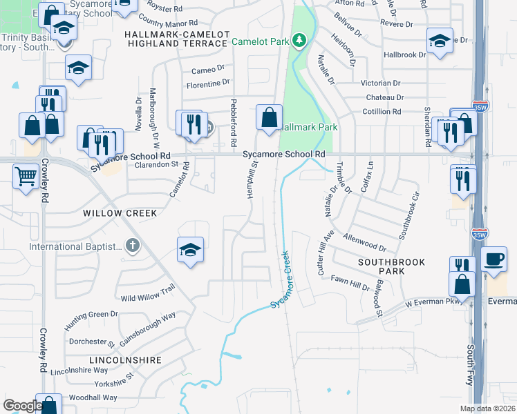 map of restaurants, bars, coffee shops, grocery stores, and more near 8020 Summer Stream Drive in Fort Worth