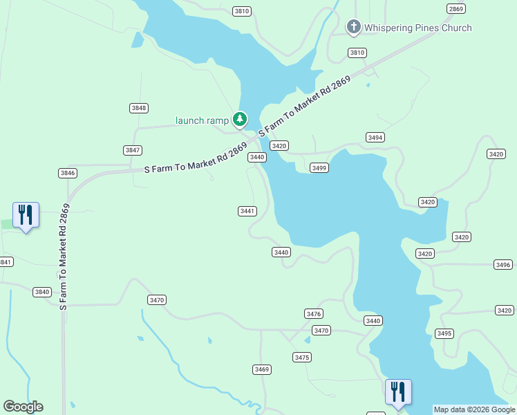 map of restaurants, bars, coffee shops, grocery stores, and more near County Road 3441 in Hawkins