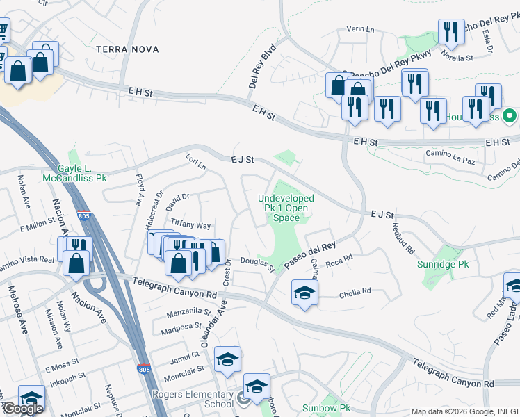 map of restaurants, bars, coffee shops, grocery stores, and more near 862 La Senda Way in Chula Vista