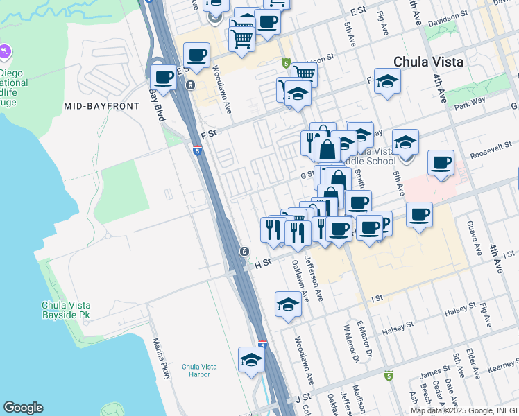 map of restaurants, bars, coffee shops, grocery stores, and more near 423 Woodlawn Avenue in Chula Vista
