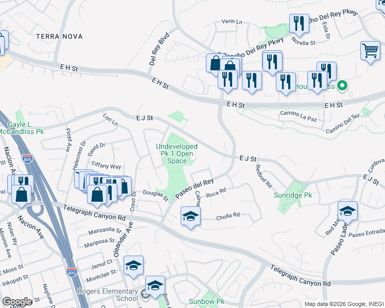 map of restaurants, bars, coffee shops, grocery stores, and more near 882 Entrada Place in Chula Vista