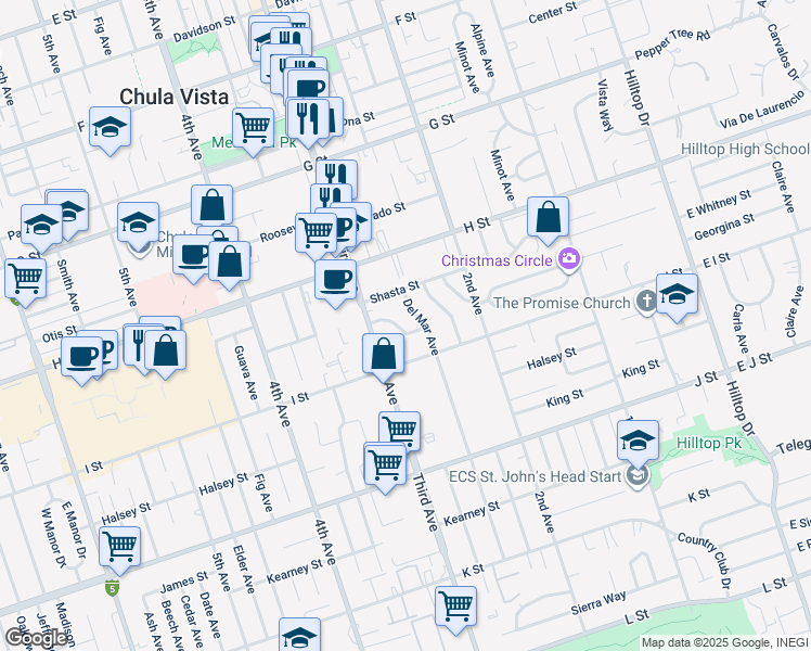 map of restaurants, bars, coffee shops, grocery stores, and more near 271 Whitney Street in Chula Vista