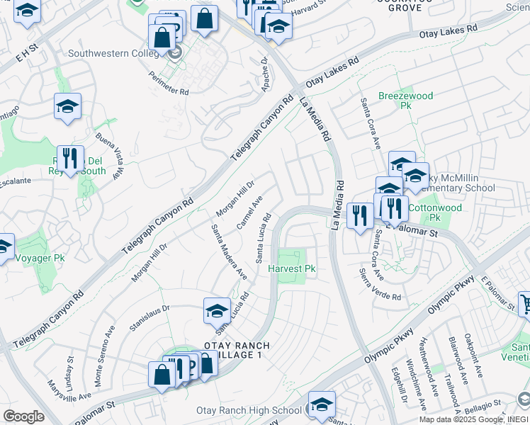 map of restaurants, bars, coffee shops, grocery stores, and more near 1228 Santa Lucia Road in Chula Vista