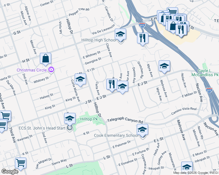 map of restaurants, bars, coffee shops, grocery stores, and more near 678 Claire Avenue in Chula Vista