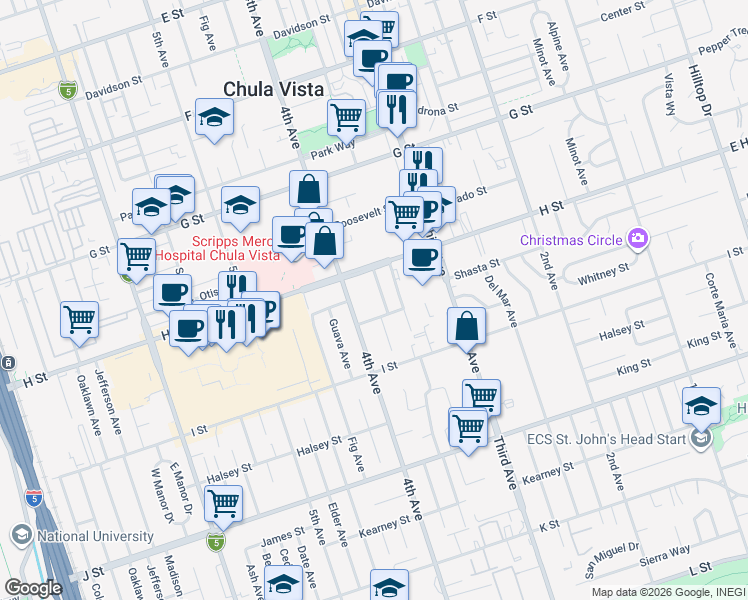 map of restaurants, bars, coffee shops, grocery stores, and more near 530 Glover Avenue in Chula Vista