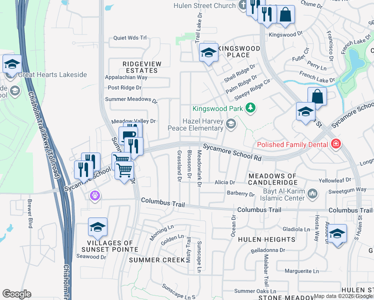 map of restaurants, bars, coffee shops, grocery stores, and more near 7612 Blossom Drive in Fort Worth