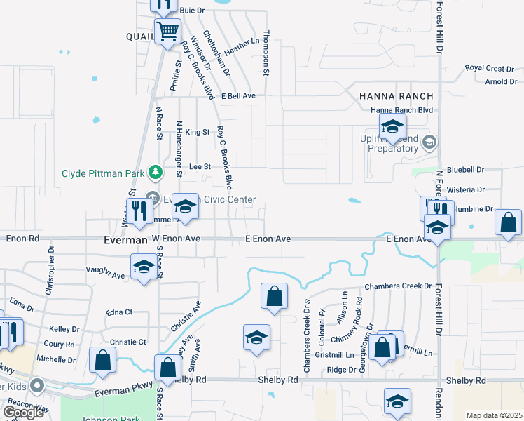 map of restaurants, bars, coffee shops, grocery stores, and more near 205 Thompson Street in Everman