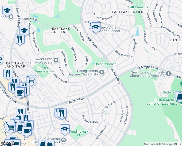 map of restaurants, bars, coffee shops, grocery stores, and more near 2432 Steamboat Springs Court in Chula Vista