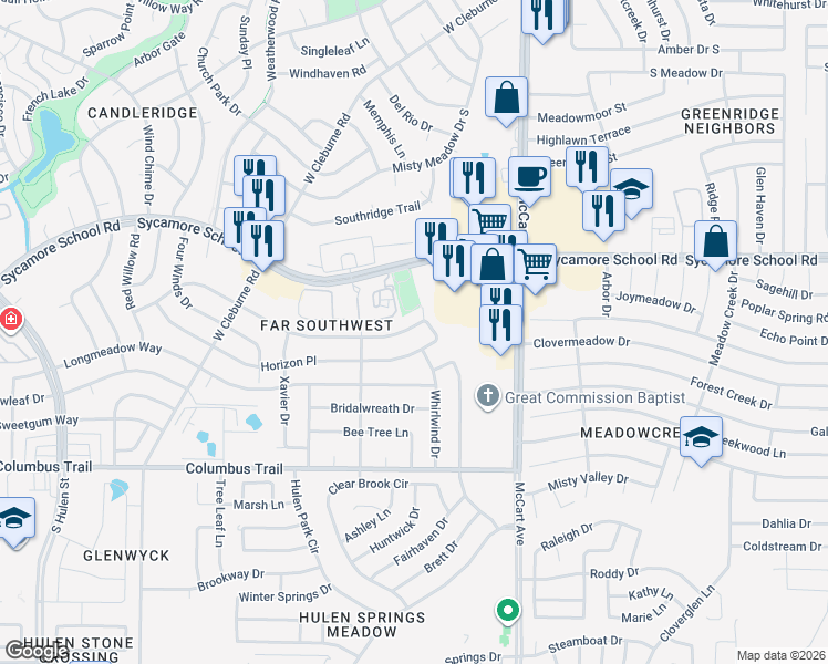 map of restaurants, bars, coffee shops, grocery stores, and more near 3709 7 Gables Street in Fort Worth