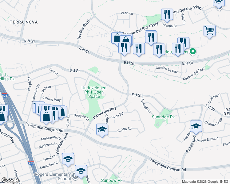 map of restaurants, bars, coffee shops, grocery stores, and more near 718 East J Street in Chula Vista