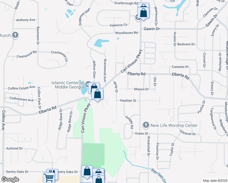 map of restaurants, bars, coffee shops, grocery stores, and more near 115 Wray Street in Warner Robins