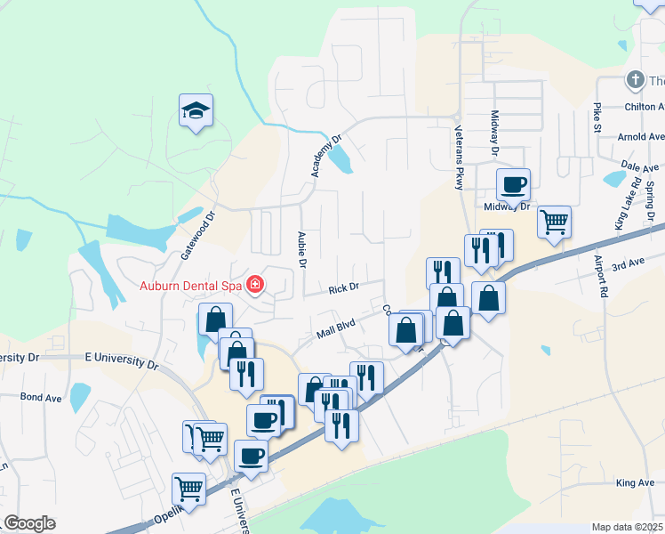 map of restaurants, bars, coffee shops, grocery stores, and more near 1263 Britnee Court in Auburn
