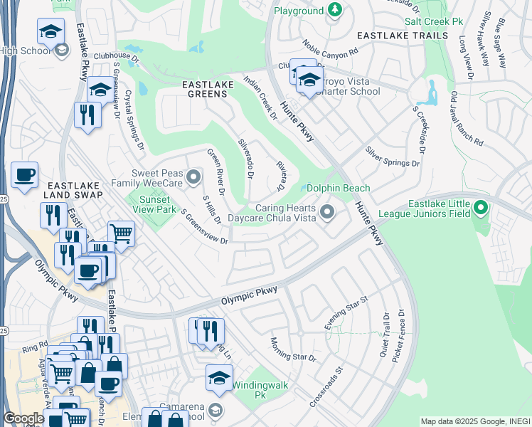 map of restaurants, bars, coffee shops, grocery stores, and more near 2409 Steamboat Springs Court in Chula Vista
