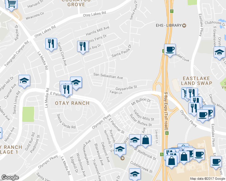 map of restaurants, bars, coffee shops, grocery stores, and more near 1279 Fools Gold Way in Chula Vista