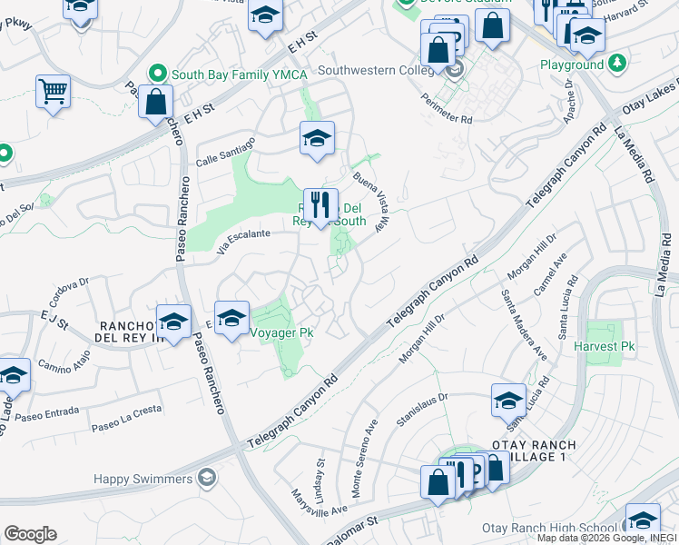 map of restaurants, bars, coffee shops, grocery stores, and more near 1060 Las Rosas Court in Chula Vista