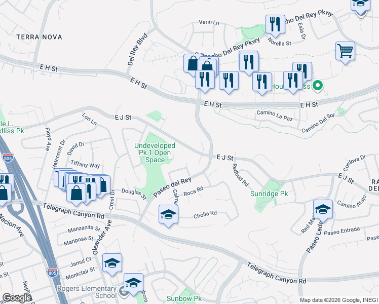 map of restaurants, bars, coffee shops, grocery stores, and more near 718 East J Street in Chula Vista