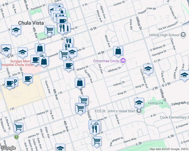 map of restaurants, bars, coffee shops, grocery stores, and more near 576 Twin Oaks Avenue in Chula Vista