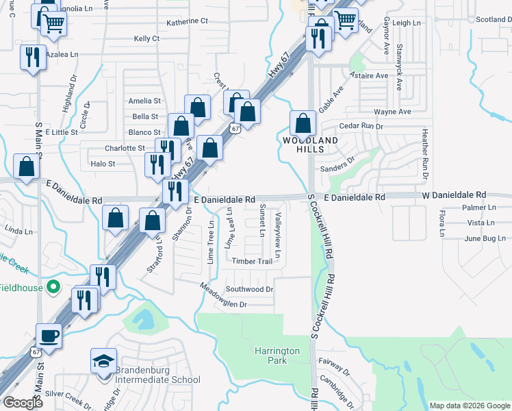 map of restaurants, bars, coffee shops, grocery stores, and more near 607 Valley Hill Road in Duncanville