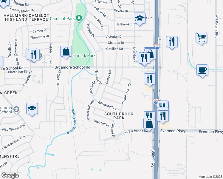 map of restaurants, bars, coffee shops, grocery stores, and more near 8024 Trimble Drive in Fort Worth