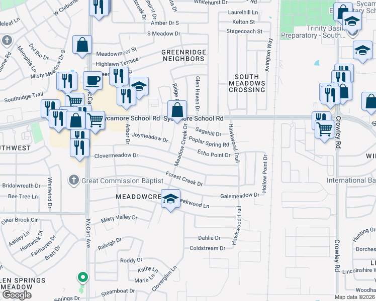 map of restaurants, bars, coffee shops, grocery stores, and more near 7548 Meadow Creek Drive in Fort Worth