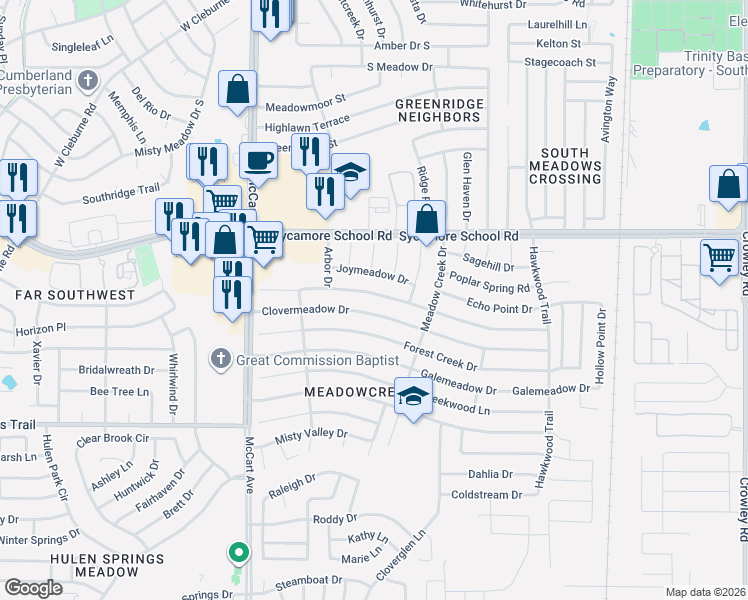 map of restaurants, bars, coffee shops, grocery stores, and more near 3101 Woodlark Drive in Fort Worth