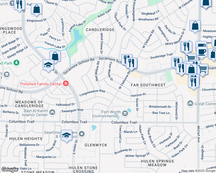map of restaurants, bars, coffee shops, grocery stores, and more near 4025 Horizon Place in Fort Worth