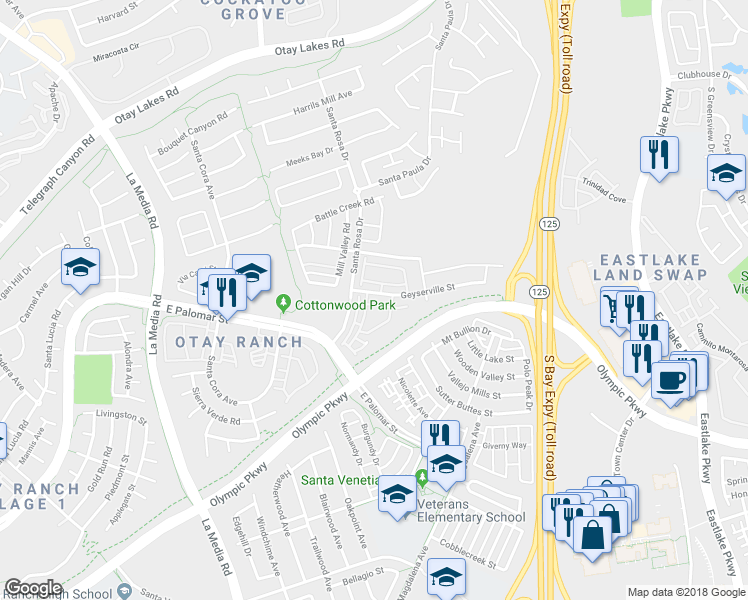 map of restaurants, bars, coffee shops, grocery stores, and more near 1855 Fargo Lane in Chula Vista
