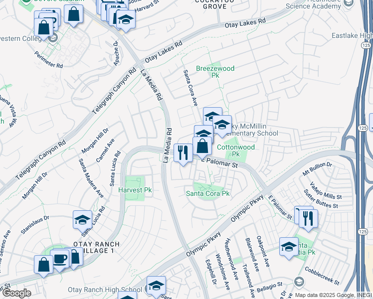 map of restaurants, bars, coffee shops, grocery stores, and more near 1815 Via Capri Street in Chula Vista