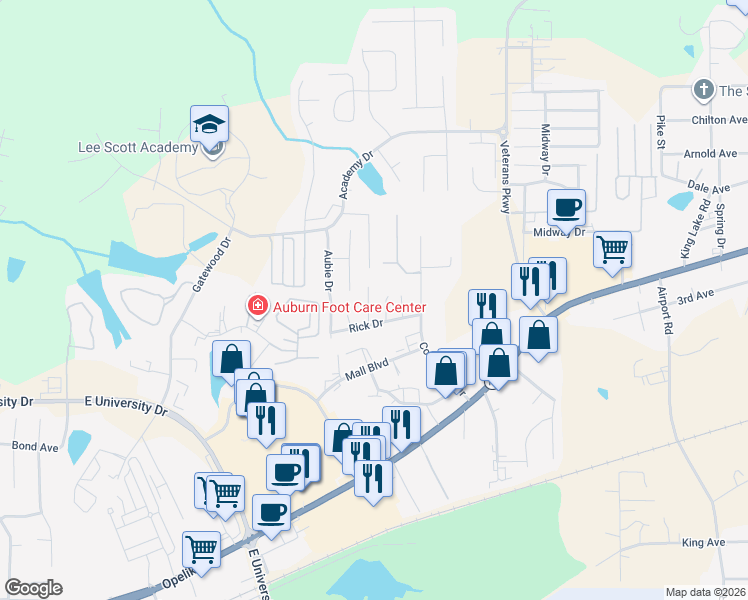 map of restaurants, bars, coffee shops, grocery stores, and more near 1260 Britnee Court in Auburn