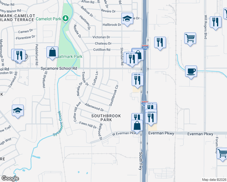 map of restaurants, bars, coffee shops, grocery stores, and more near 8032 Southbrook Circle in Fort Worth