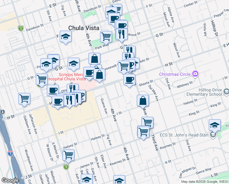 map of restaurants, bars, coffee shops, grocery stores, and more near 530 Glover Avenue in Chula Vista