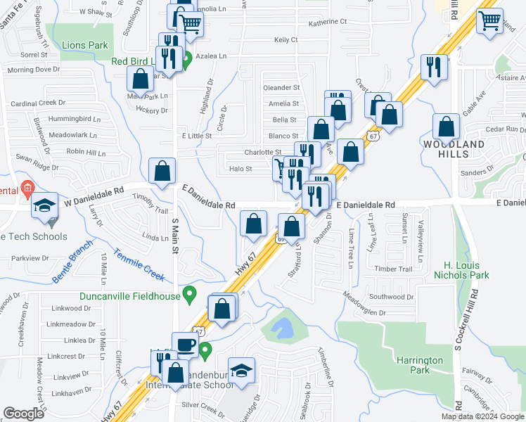 map of restaurants, bars, coffee shops, grocery stores, and more near 1506 Sunset Village Drive in Duncanville