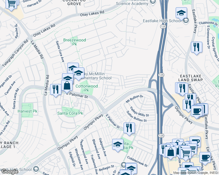 map of restaurants, bars, coffee shops, grocery stores, and more near 1855 Fargo Lane in Chula Vista