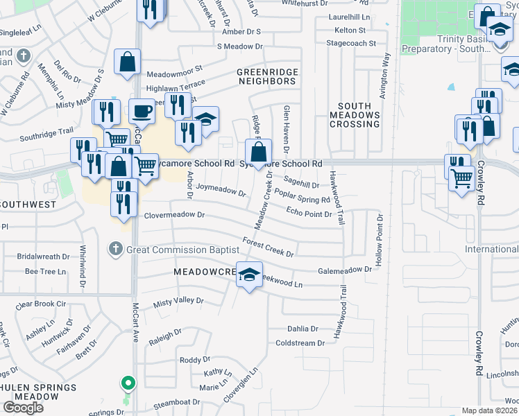 map of restaurants, bars, coffee shops, grocery stores, and more near 7548 Meadow Creek Drive in Fort Worth