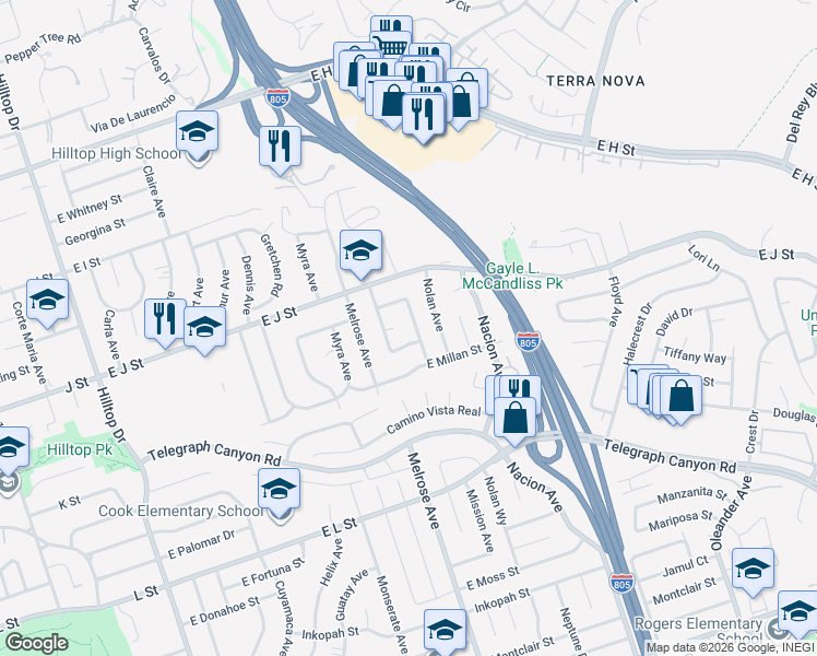 map of restaurants, bars, coffee shops, grocery stores, and more near 750 Mission Avenue in Chula Vista