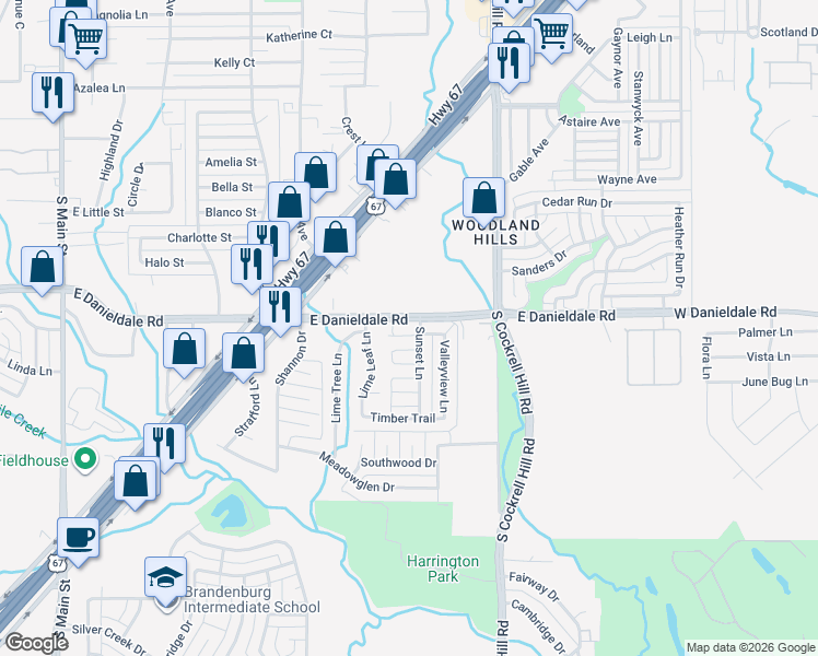 map of restaurants, bars, coffee shops, grocery stores, and more near 607 Valley Hill Road in Duncanville