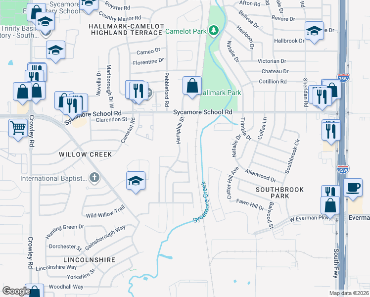map of restaurants, bars, coffee shops, grocery stores, and more near 8020 Summer Stream Drive in Fort Worth