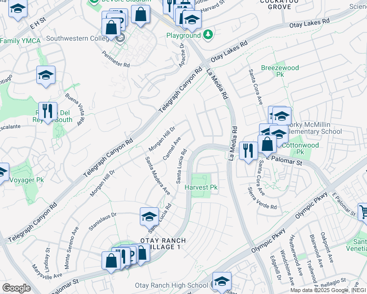map of restaurants, bars, coffee shops, grocery stores, and more near 1228 Santa Lucia Road in Chula Vista