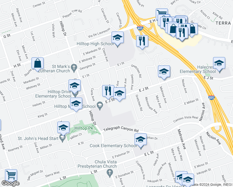 map of restaurants, bars, coffee shops, grocery stores, and more near 687 Robert Avenue in Chula Vista