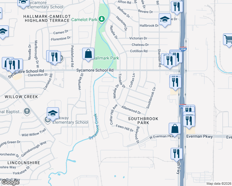 map of restaurants, bars, coffee shops, grocery stores, and more near 8025 Natalie Drive in Fort Worth