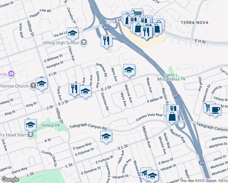 map of restaurants, bars, coffee shops, grocery stores, and more near 205 East James Street in Chula Vista
