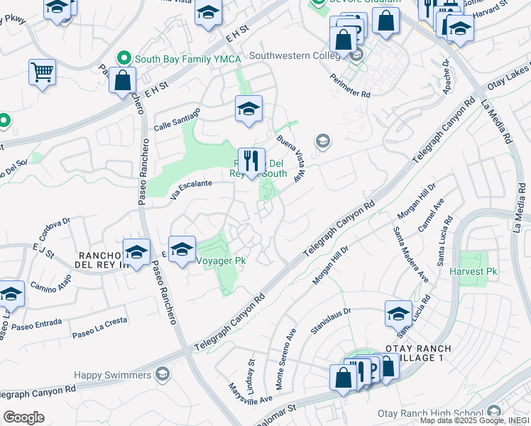 map of restaurants, bars, coffee shops, grocery stores, and more near 1079 Las Rosas Court in Chula Vista