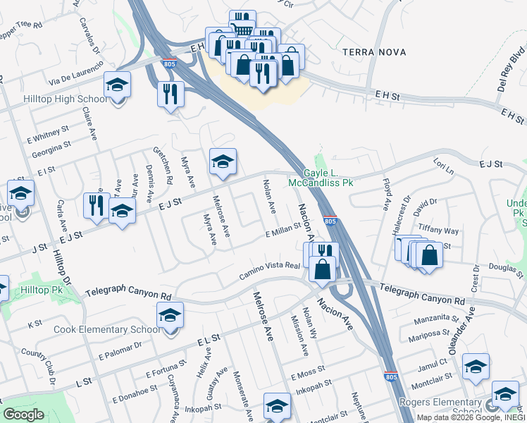 map of restaurants, bars, coffee shops, grocery stores, and more near 755 Mission Avenue in Chula Vista