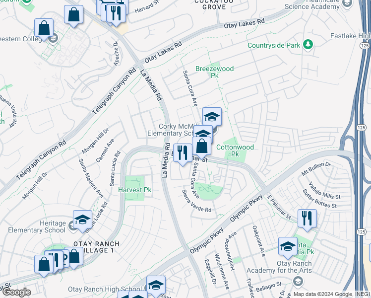 map of restaurants, bars, coffee shops, grocery stores, and more near 1819 Via Capri Street in Chula Vista